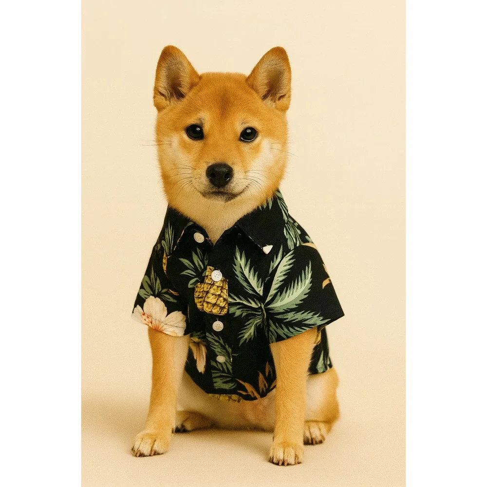 DOG HAWAIIAN SHIRT Size S – Black Tropical Palm & Pineapple Print Outfit – Small